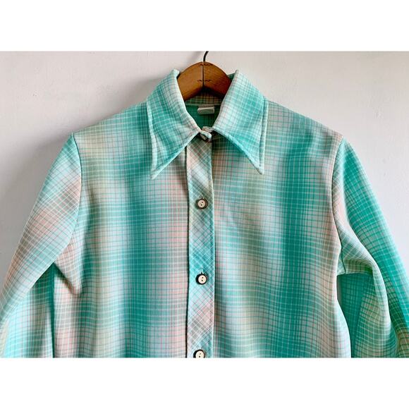 Vintage 70s Pastel Plaid Chore Shirt | Aqua Pink | Lightweight Poly Jacket | M/L - Picture 2 of 5